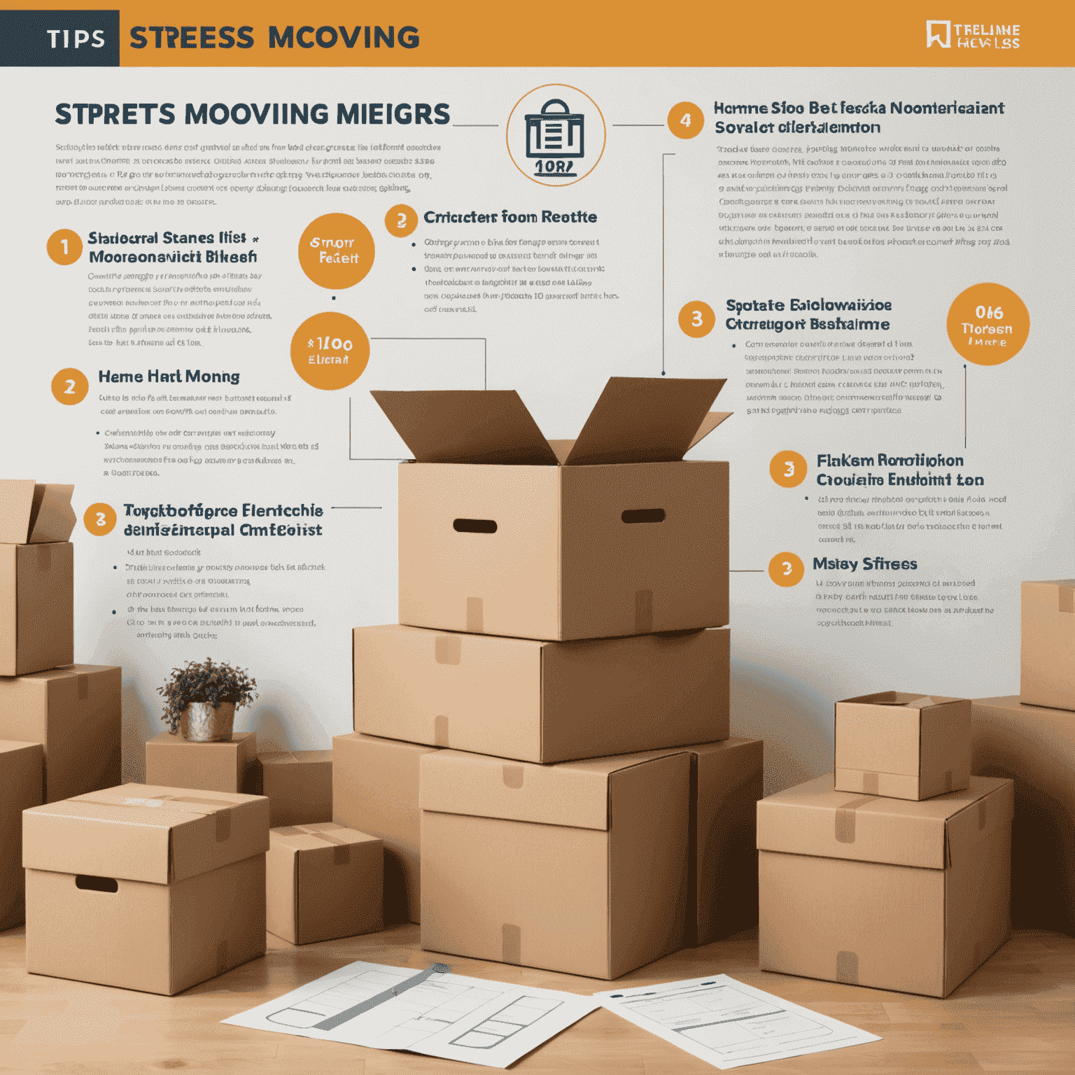 Stressiz taşınma için ipuçlarını gösteren infografik: zaman çizelgesi, organizasyon kutuları ve kontrol listesi
